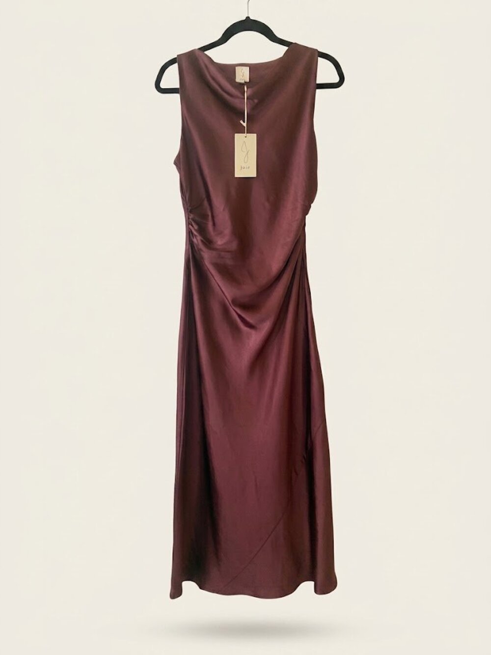 Joie Satin Cowl Neck Ruched Midi Dress in Plum Size M NWT